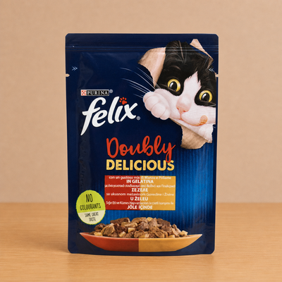 پوچ گربه فلیکس مدل Doubly Delicious با طعم گوشت گاو و مرغ در ژله وزن ۸۵ گرم